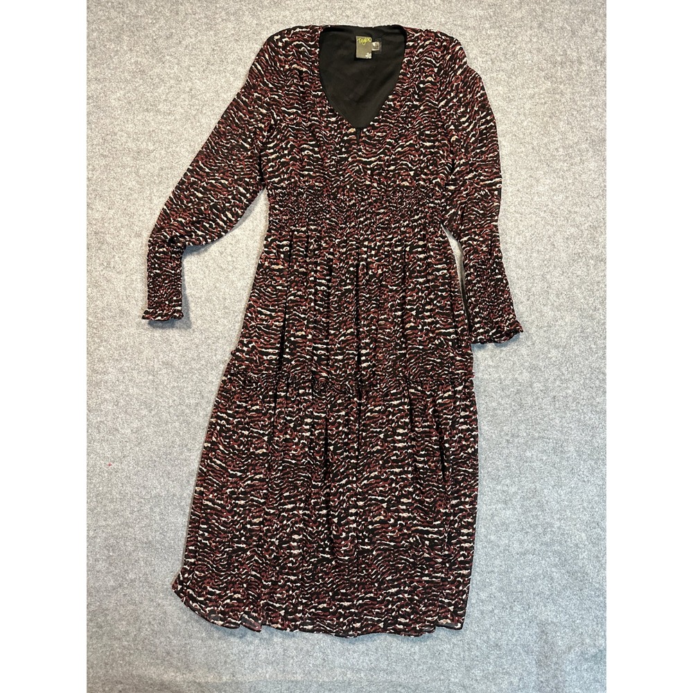 Taylor Smocked Waist Tiered Midi Dress Small Brown Abstract Print Chiffon